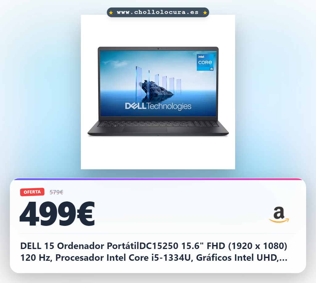 DELL 15 Ordenador PortátilDC15250 15.6" FHD (1920 x 1080) 120 Hz, Procesador Intel Core i5-1334U, Gráficos Intel UHD, 16GB RAM, 512GB SSD, Windows 11 Home, Teclado QWERTY Espanol - Negro Carbón