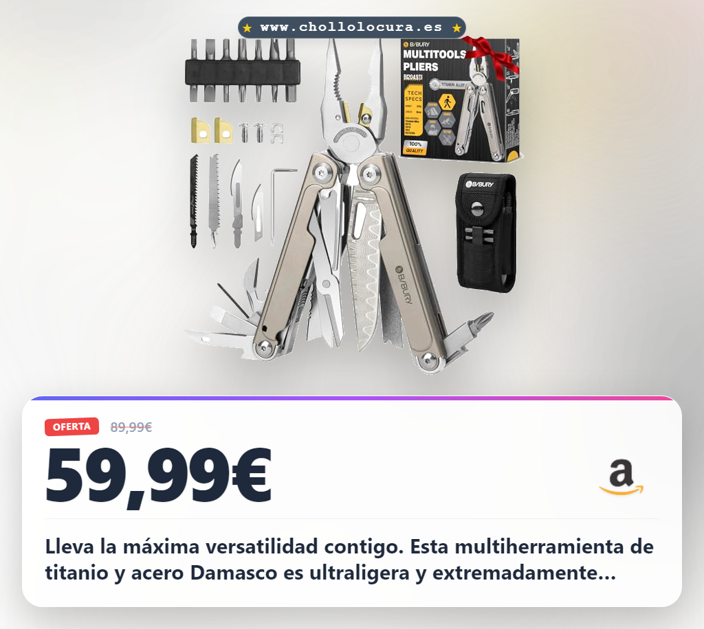 Consigue esta multiherramienta titanio y acero Damasco con sistema intercambiable al mejor precio