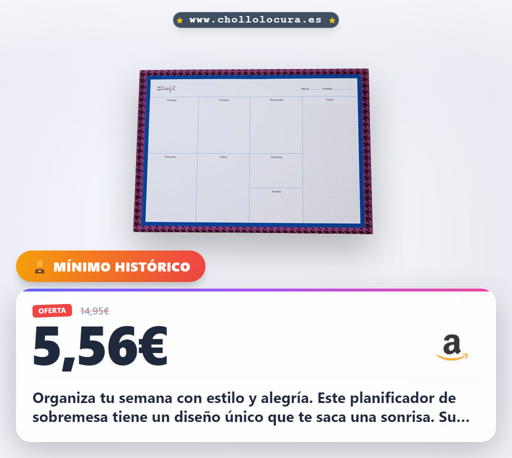 Aprovecha este planificador semanal de sobremesa Mr. Wonderful con diseño único y personalidad al mejor precio para tu día a día en casa.