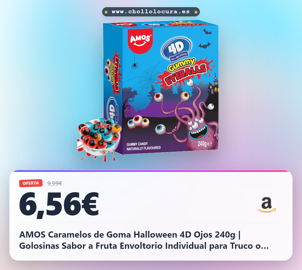 AMOS Caramelos de Goma Halloween 4D Ojos 240g | Golosinas Sabor a Fruta Envoltorio Individual para Truco o Trato, Bolsas de Fiesta, Eventos Temáticos y Noches de Cine