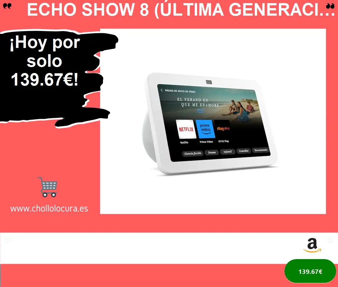 Echo Show 8 (Última generación) | Pantalla táctil inteligente de alta definición con audio espacial, controlador de Hogar digital y Alexa | Blanco