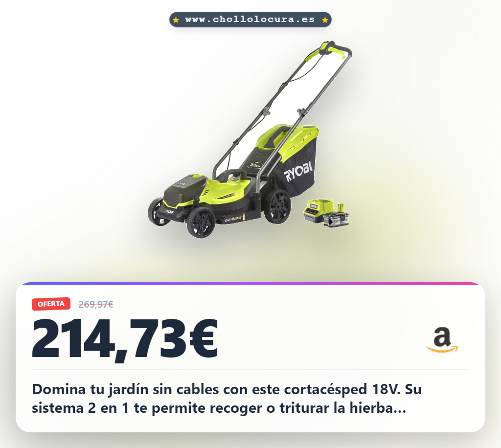 Adquiere el cortacésped Ryobi 18V One+ inalámbrico de 33 cm para jardín al mejor precio en oferta