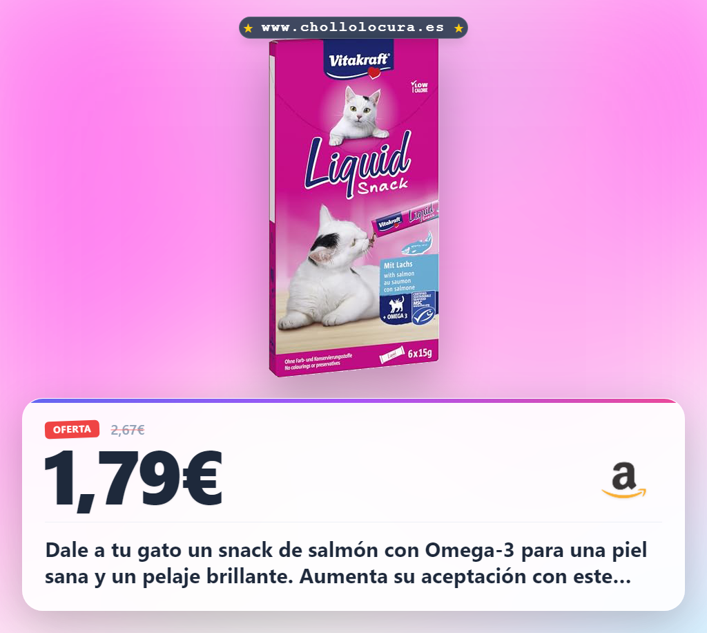 Aprovecha el snack Vitakraft líquido de salmón con Omega 3 para una piel sana y pelaje brillante en oferta