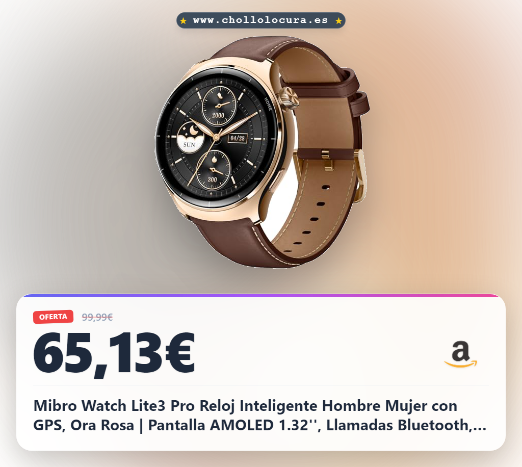 Mibro Watch Lite3 Pro Reloj Inteligente Hombre Mujer con GPS, Ora Rosa | Pantalla AMOLED 1.32'', Llamadas Bluetooth, Impermeable 5ATM, AOD, Pulsómetro, SpO2, Monitor Sueño, para iOS Android