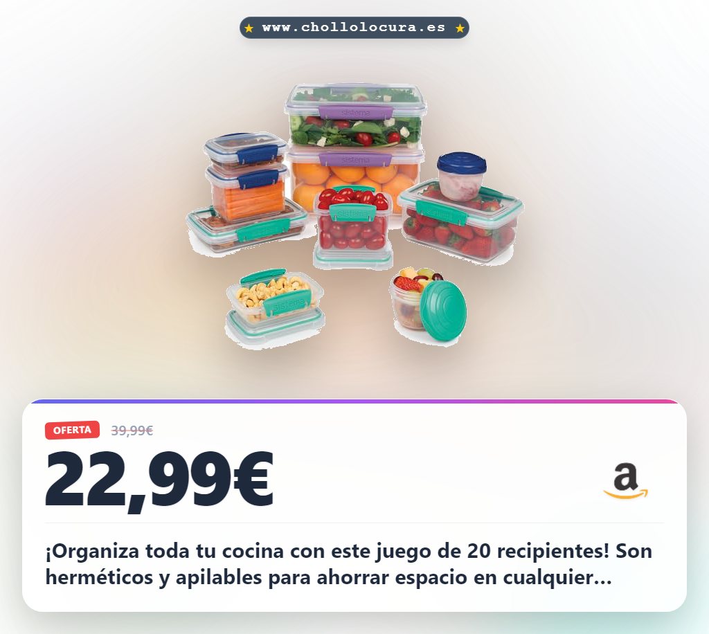 ¡Organiza toda tu cocina con este juego de 20 recipientes! Son herméticos y apilables para ahorrar espacio en cualquier armario. Mantén tus alimentos frescos por más tiempo y son seguros para microondas y lavavajillas. ¡Todo lo que necesitas en un solo lugar!
