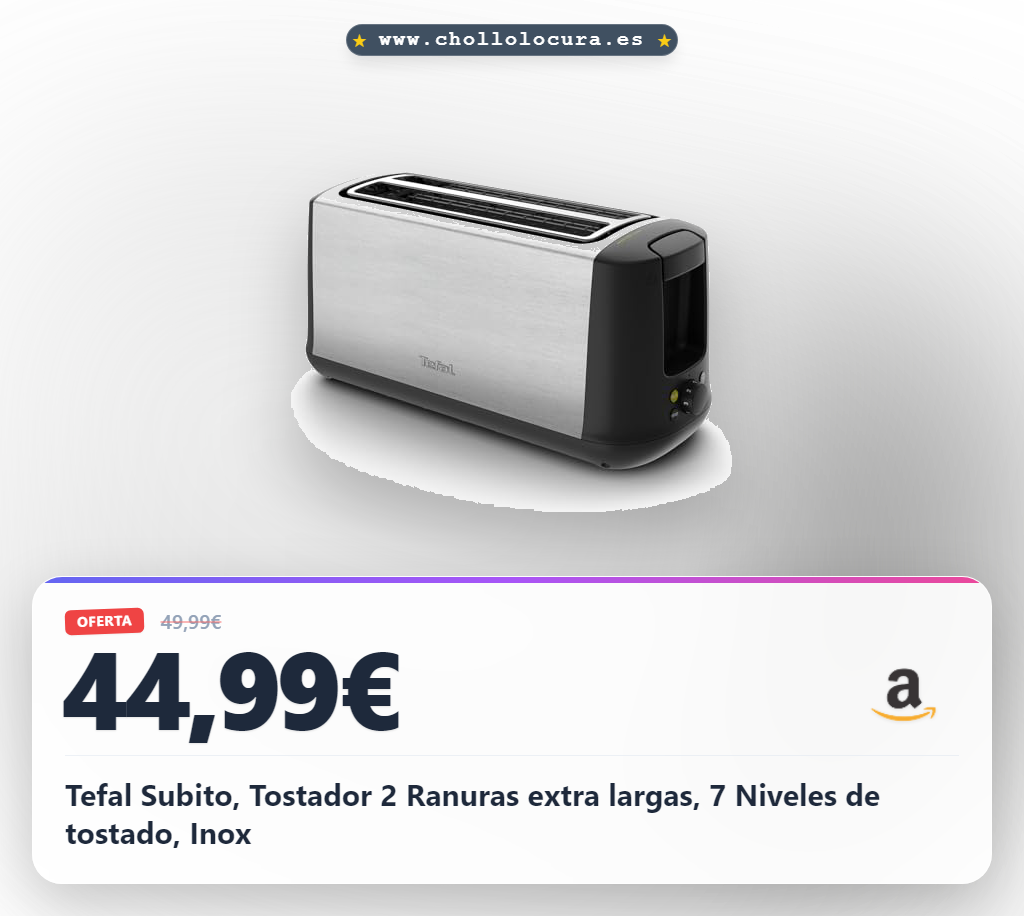 Tefal Subito, Tostador 2 Ranuras extra largas, 7 Niveles de tostado, Inox
