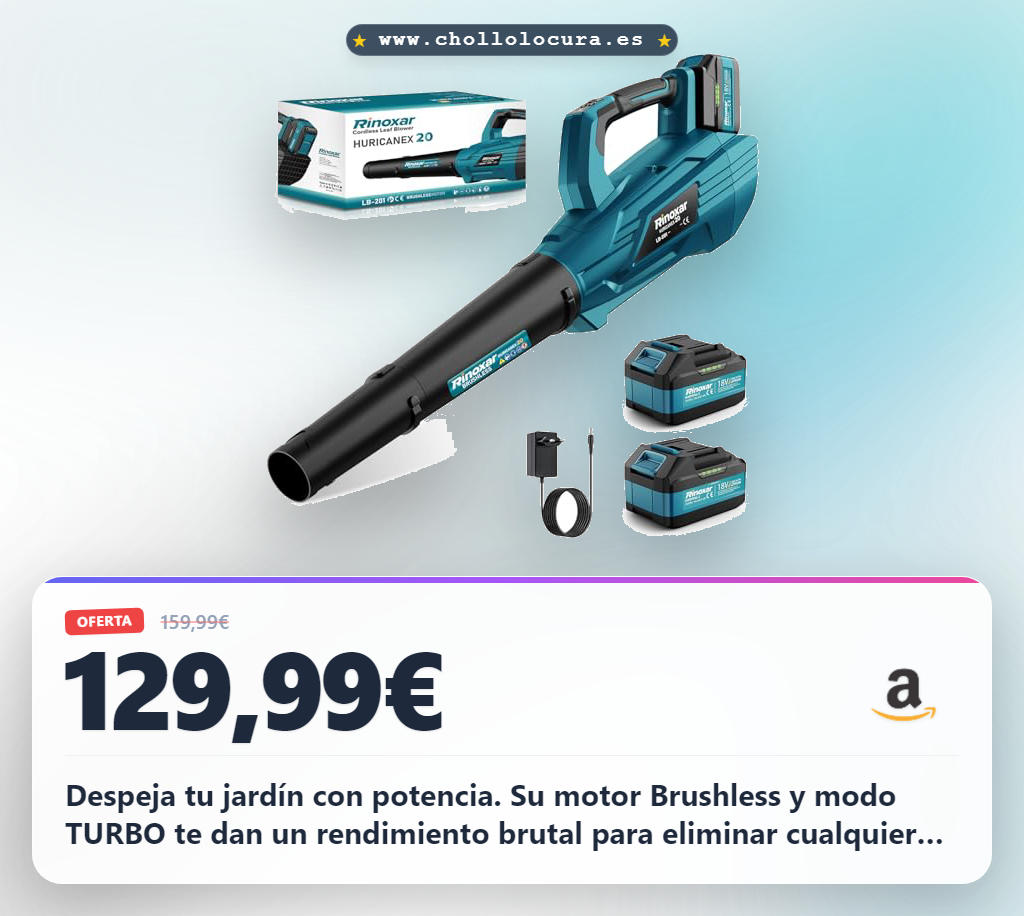 Aprovecha este soplador de hojas inalámbrico con motor brushless 850W y 35000 RPM a precio de chollo para un rendimiento superior.