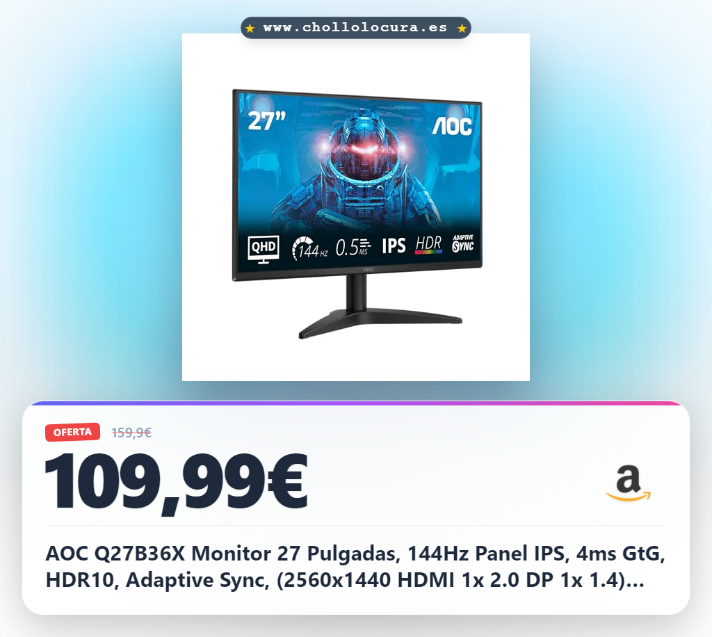 AOC Q27B36X Monitor 27 Pulgadas, 144Hz Panel IPS, 4ms GtG, HDR10, Adaptive Sync, (2560x1440 HDMI 1x 2.0 DP 1x 1.4) Negro