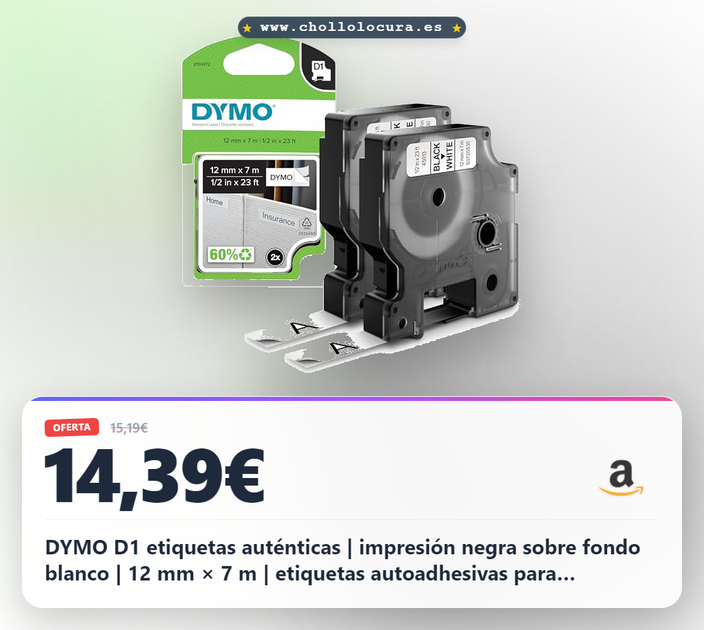 Aprovecha las etiquetas DYMO D1 autoadhesivas de 12mm x 7m para LabelManager en oferta