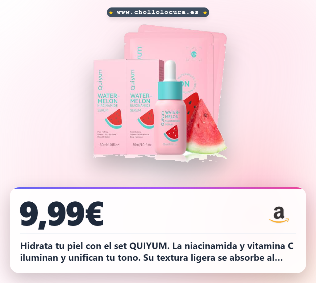 Consigue el set QUIYUM Sandía Niacinamida: suero y mascarilla facial para hidratar y unificar el tono de tu piel.