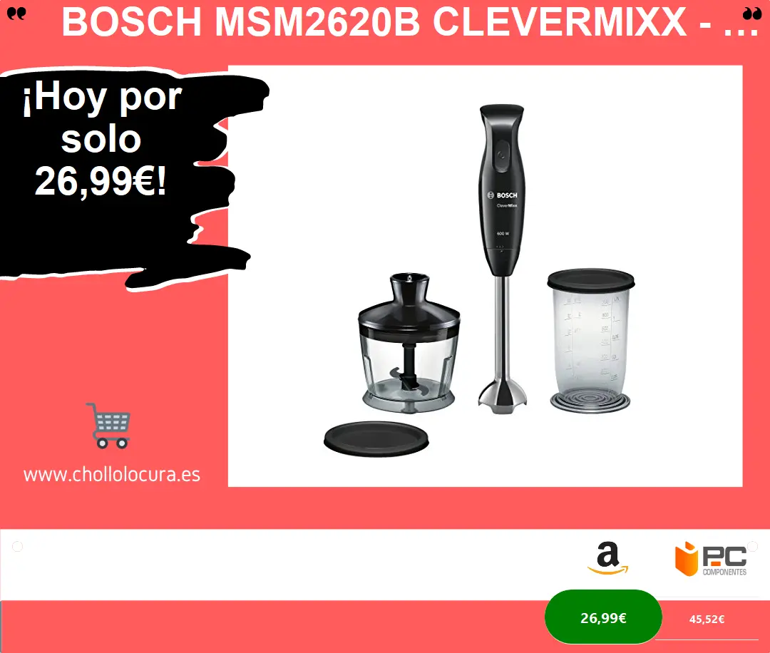 Bosch MSM2620B CleverMixx - Batidora de mano, cúpula con cuatro cuchillas, con picador, 600 W, color negro y gris