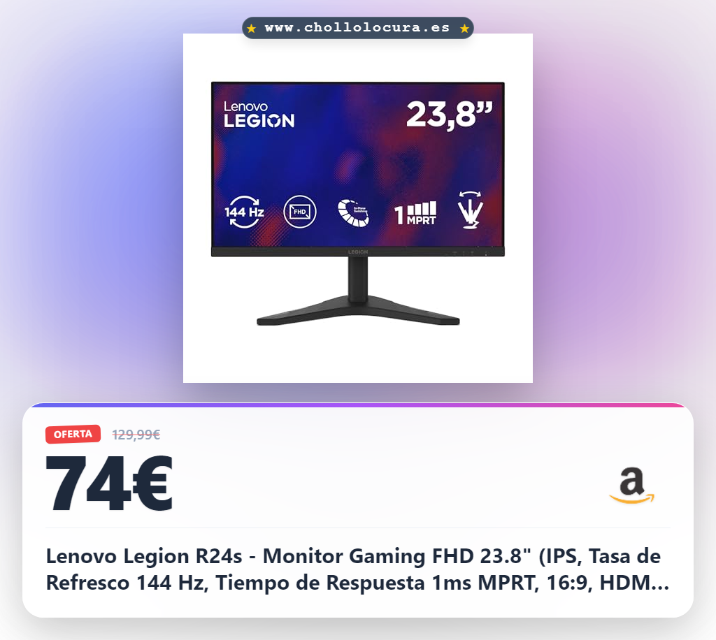 Lenovo Legion R24s - Monitor Gaming FHD 23.8" (IPS, Tasa de Refresco 144 Hz, Tiempo de Respuesta 1ms MPRT, 16:9, HDMI 2.1 + DP 1.2, VESA MediaSync - AMD FreeSync, Soporte Inclinable) - Negro