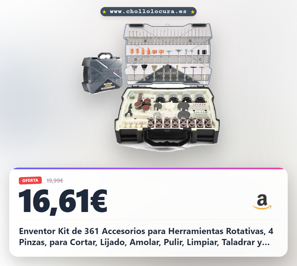 Enventor Kit de 361 Accesorios para Herramientas Rotativas, 4 Pinzas, para Cortar, Lijado, Amolar, Pulir, Limpiar, Taladrar y Grabado, Compatible con Mayoría de Marcas, con Estuche