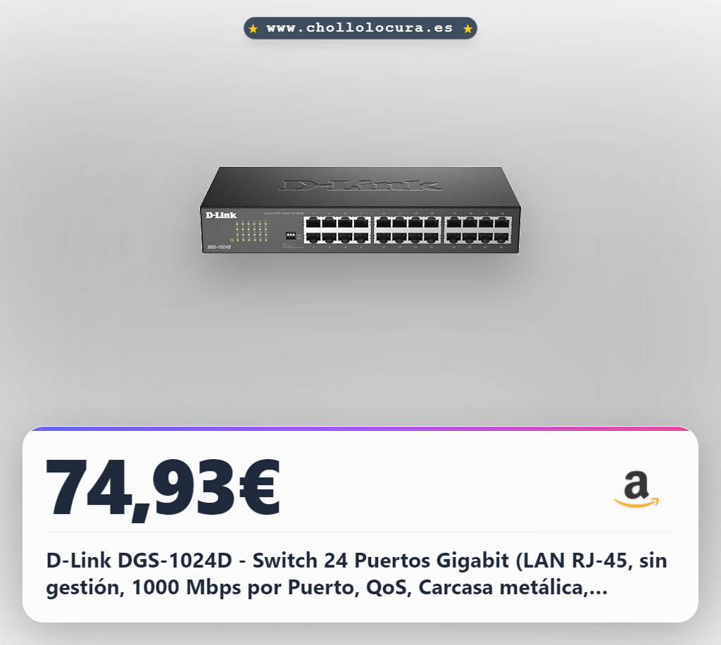 D-Link DGS-1024D - Switch 24 Puertos Gigabit (LAN RJ-45, sin gestión, 1000 Mbps por Puerto, QoS, Carcasa metálica, Montaje en Rack para pymes) Color Negro y Plata