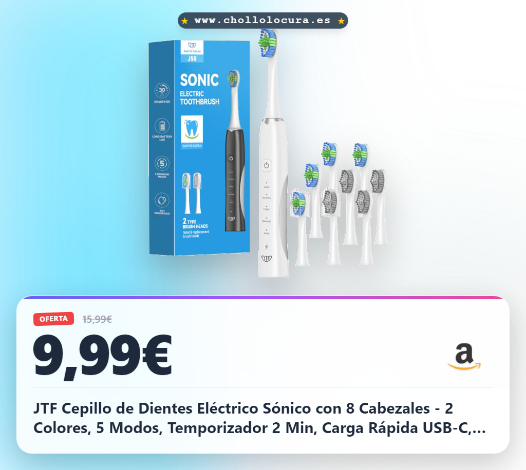 JTF Cepillo de Dientes Eléctrico Sónico con 8 Cabezales - 2 Colores, 5 Modos, Temporizador 2 Min, Carga Rápida USB-C, Limpiador de Lengua para Parejas y Familias, Adultos (Blanco)