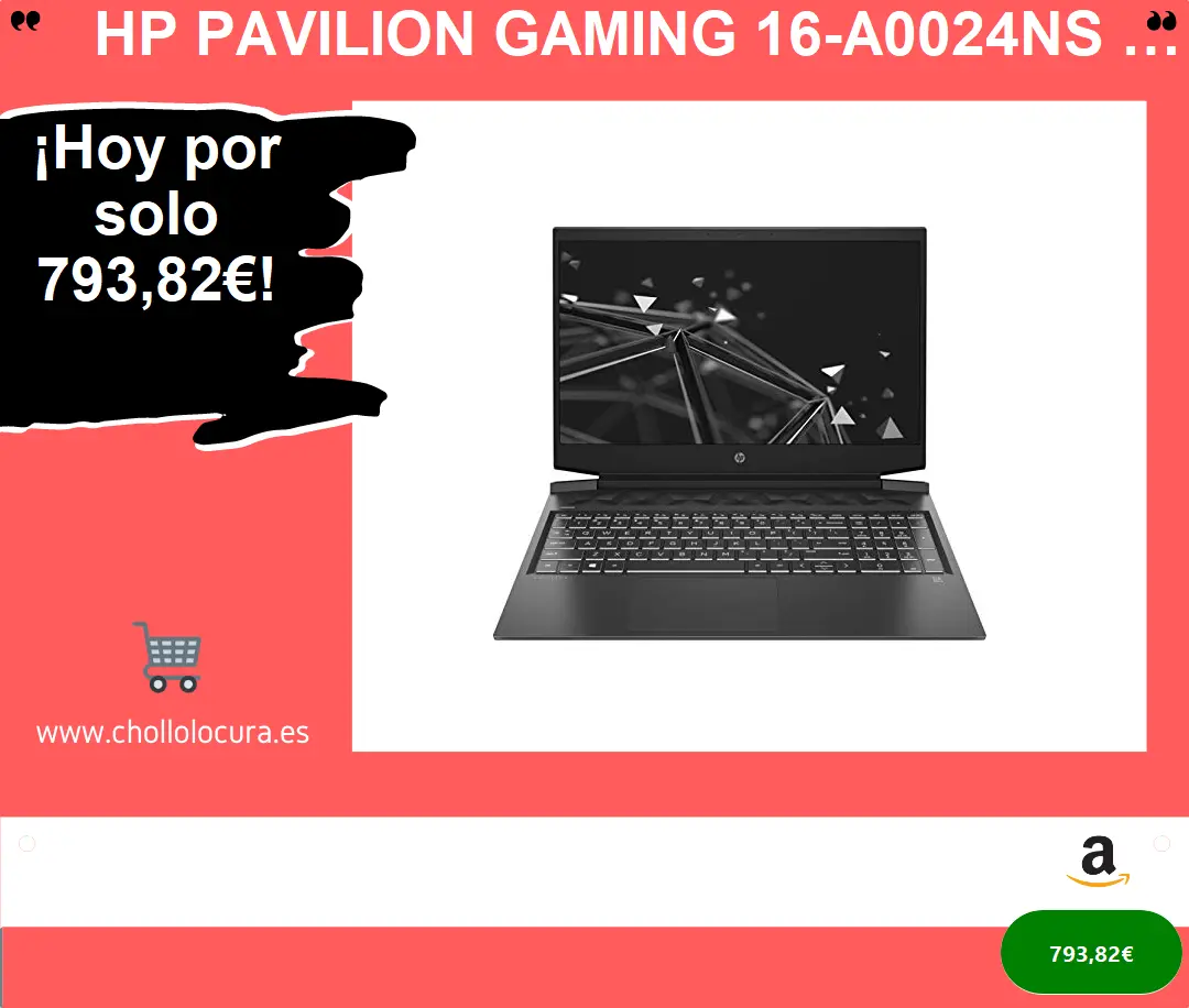 HP Pavilion Gaming 16-a0024ns - Ordenador portátil de 16.1" FHD (Intel Core i7-10750H, 8GB RAM, 512GB SSD, Nvidia GTX1650 Ti-4GB, sin sistema operativo) negro - Teclado QWERTY Español