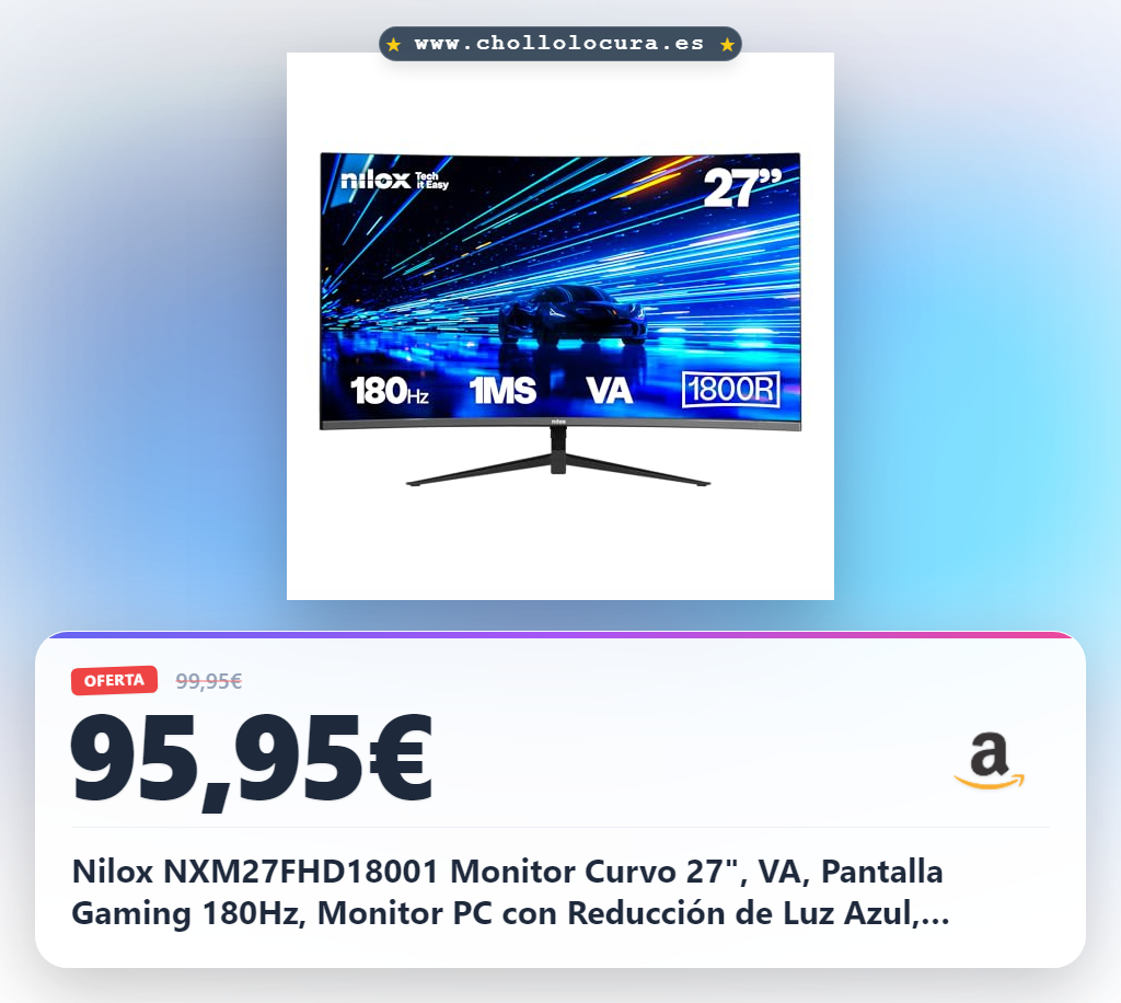 Nilox NXM27FHD18001 Monitor Curvo 27", VA, Pantalla Gaming 180Hz, Monitor PC con Reducción de Luz Azul, Conexiones HDMI y DP