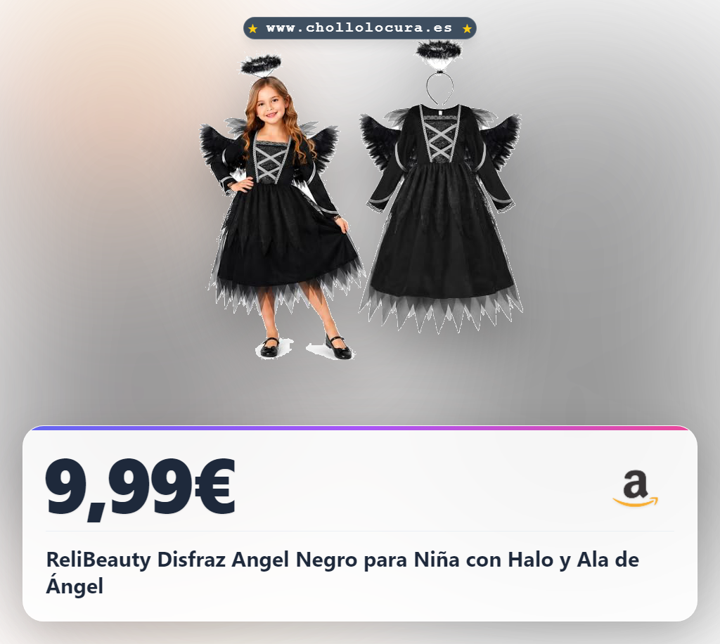 ReliBeauty Disfraz Angel Negro para Niña con Halo y Ala de Ángel
