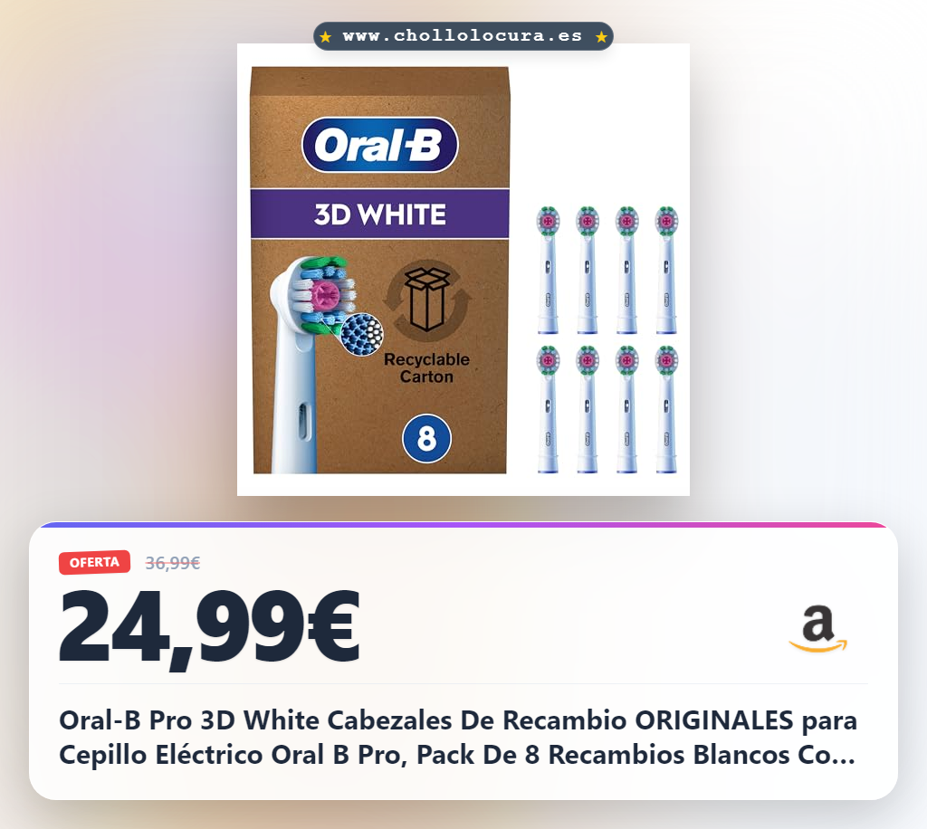 Oral-B Pro 3D White Cabezales De Recambio ORIGINALES para Cepillo Eléctrico Oral B Pro, Pack De 8 Recambios Blancos Con Copa Pulidora Para Eliminar Manchas, Efecto Blanqueador, Tamaño Buzón