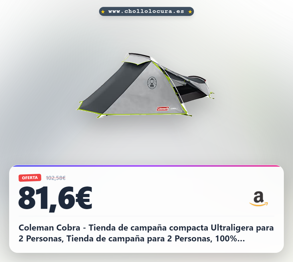 Coleman Cobra - Tienda de campaña compacta Ultraligera para 2 Personas, Tienda de campaña para 2 Personas, 100% Impermeable, Cubierta de Suelo Cosida, Tienda de campaña de Senderismo con Postes de