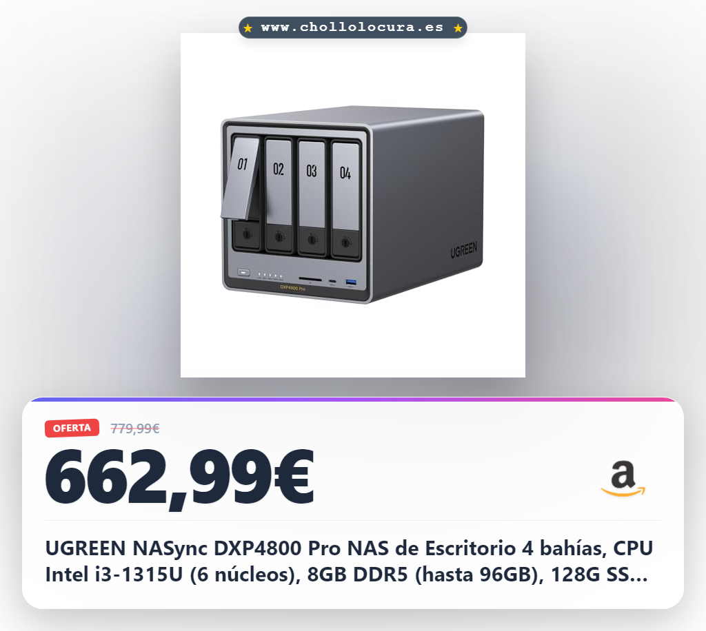 UGREEN NASync DXP4800 Pro NAS de Escritorio 4 bahías, CPU Intel i3-1315U (6 núcleos), 8GB DDR5 (hasta 96GB), 128G SSD, 1x10GbE, 1x2,5GbE, 2 Ranuras M.2 NVMe, HDMI 4K (sin Discos)