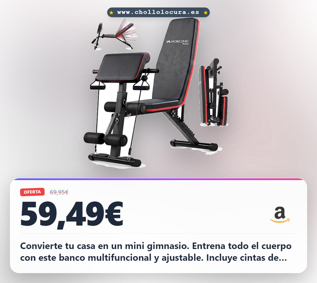 Aprovecha el banco de musculación Planefit plegable con cintas de resistencia para tu mini gym en casa.