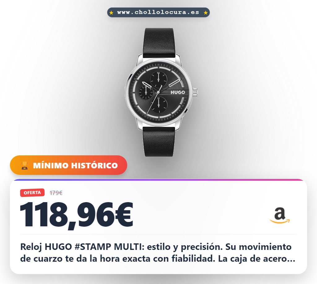 Ahorra en el HUGO #STAMP MULTI. Reloj multifunción de acero inoxidable con correa de cuero negro y resistencia al agua.