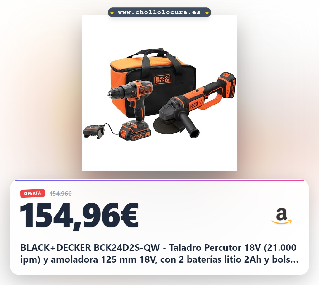 BLACK+DECKER BCK24D2S-QW - Taladro Percutor 18V (21.000 ipm) y amoladora 125 mm 18V, con 2 baterías litio 2Ah y bolsa de transporte