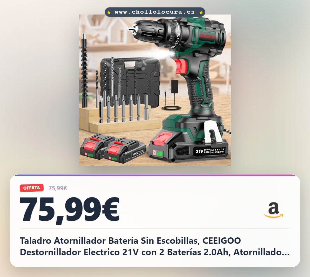 Taladro Atornillador Batería Sin Escobillas, CEEIGOO Destornillador Electrico 21V con 2 Baterías 2.0Ah, Atornillador Bateria 42Nm, 18 Ajuste de Par,14 Accesorios, 2 Velocidad Para Hogar, Bricolaje