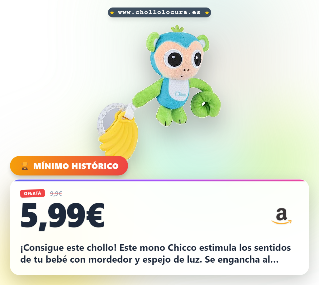¡Consigue este chollo! Este mono Chicco estimula los sentidos de tu bebé con mordedor y espejo de luz. Se engancha al cochecito para que lo lleves a todas partes. ¡Ideal para su desarrollo y diversión!