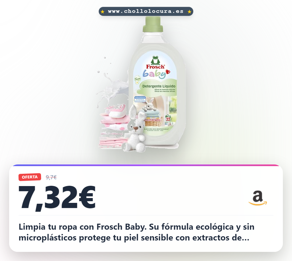 Limpia tu ropa con Frosch Baby. Su fórmula ecológica y sin microplásticos protege tu piel sensible con extractos de manzanilla. Elimina las manchas más difíciles y deja tu ropa suave, fresca y segura para bebés. Cuidado natural y limpieza profunda garantizada.