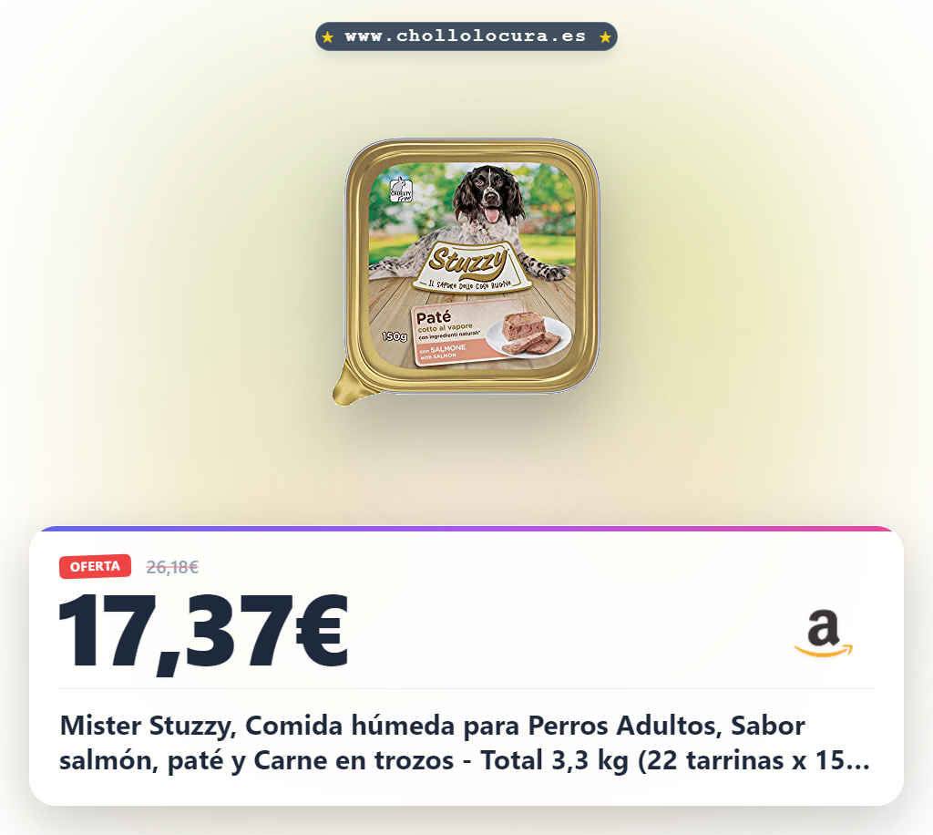 Mister Stuzzy, Comida húmeda para Perros Adultos, Sabor salmón, paté y Carne en trozos - Total 3,3 kg (22 tarrinas x 150 gr)