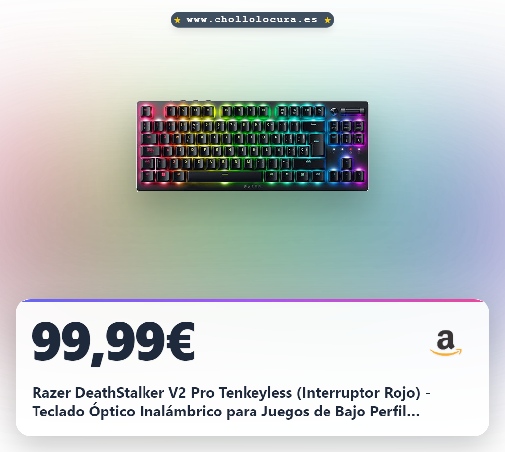 Razer DeathStalker V2 Pro Tenkeyless (Interruptor Rojo) - Teclado Óptico Inalámbrico para Juegos de Bajo Perfil (Interruptores Ópticos Lineales, HyperSpeed, Bluetooth 5.0) QWERTY Teclado ES | Negro