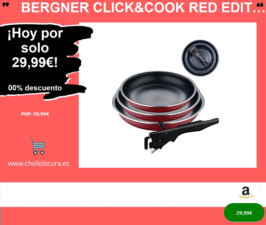 Bergner Click&Cook Red Edition | Juego de Sartenes de 4 Piezas de 18, 20 y 24 cm + Mango Ergonómico Extraíble | Aluminio Prensado y Antiadherente | Para Todo Tipo de Cocinas y Horno
