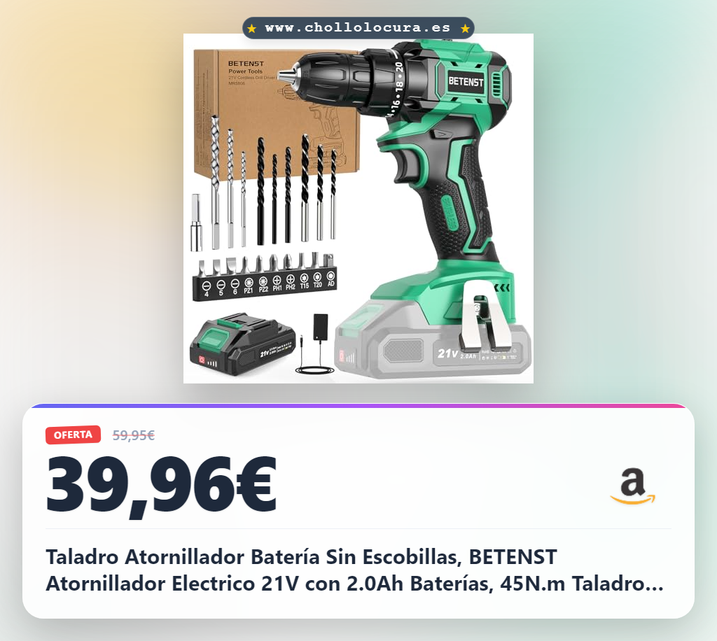 ¡Taladro Atornillador Batería Sin Escobillas! 45N.m de par, 20 ajustes de par, LED y 20 accesorios