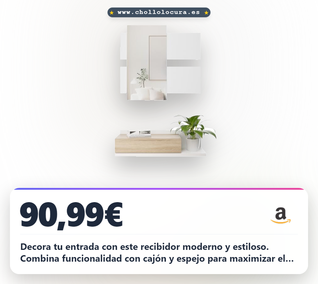 Aprovecha este recibidor de entrada moderno con espejo y cajón en blanco-roble al mejor precio de oferta histórica en casa