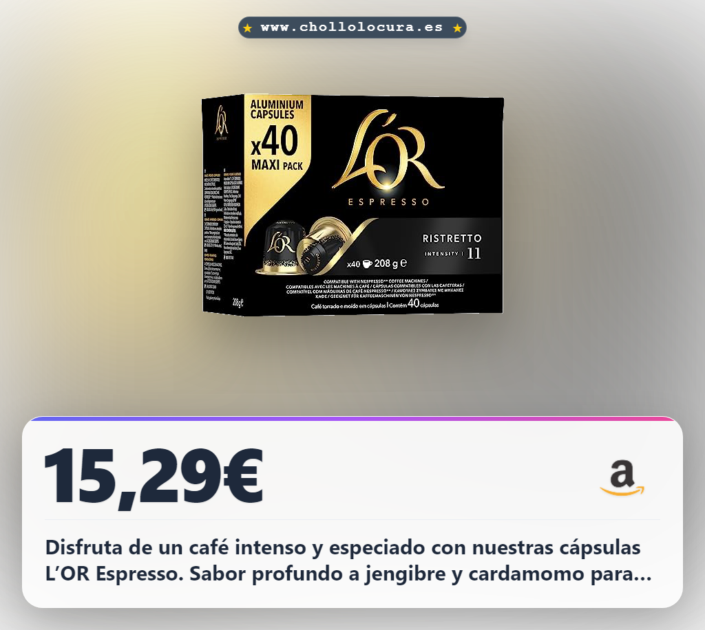 Aprovecha las 40 Cápsulas L'OR Espresso Nespresso con café de tueste natural y especiado al mejor precio