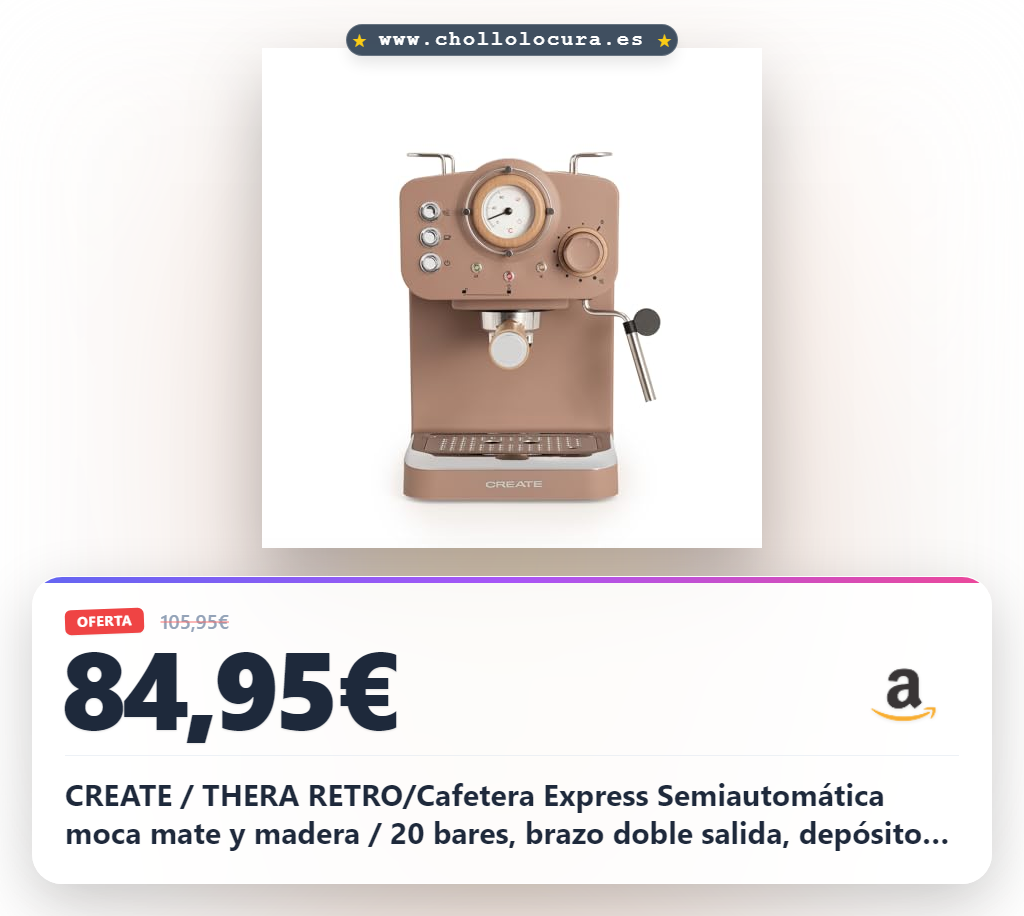 CREATE / THERA RETRO/Cafetera Express Semiautomática moca mate y madera / 20 bares, brazo doble salida, depósito 1,25L, café molido y monodosis ESE 55mm, con vaporizador, 1100W