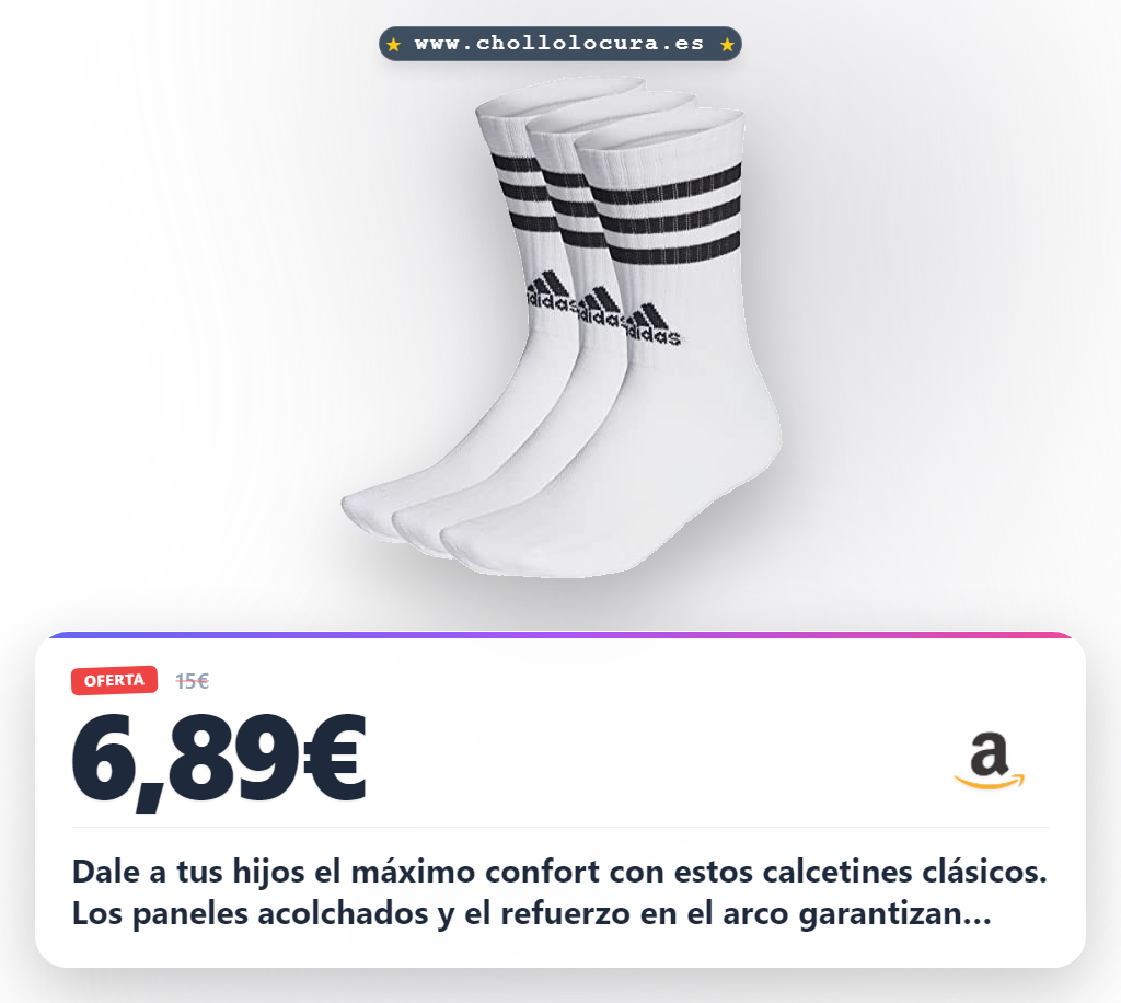 Aprovecha los calcetines crew adidas para niños 7-8 años con acolchado y costuras anatómicas en oferta histórica para ellos.
