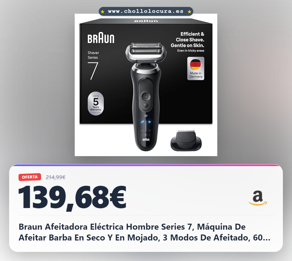 Braun Afeitadora Eléctrica Hombre Series 7, Máquina De Afeitar Barba En Seco Y En Mojado, 3 Modos De Afeitado, 60 Min De Uso, Recortadora De Precisión, Estuche De Viaje, 72-N1200SI, Negro