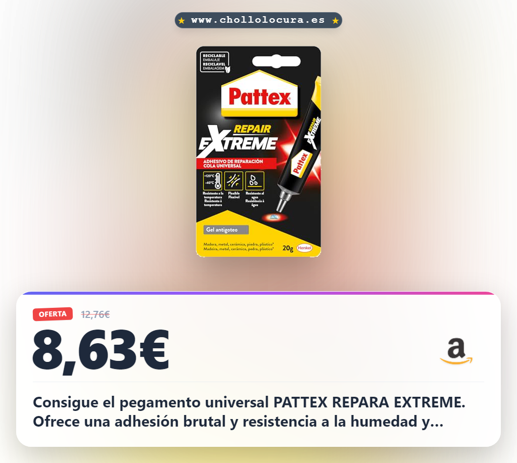 Consigue el pegamento universal PATTEX REPARA EXTREME. Adhesión fuerte y resistente a la humedad. Ideal para reparaciones duraderas.