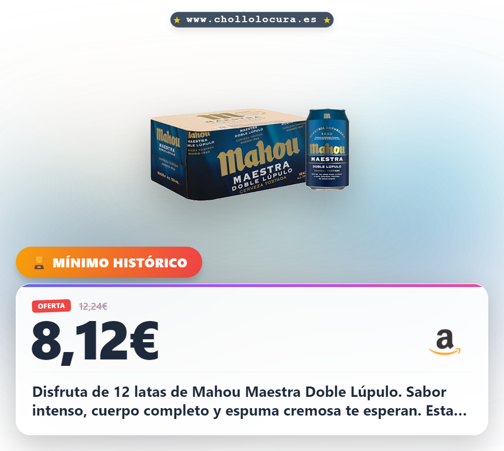 Aprovecha 12 latas de Mahou Maestra Doble Lúpulo. Cerveza tostada, sabor intenso y cuerpo pleno.