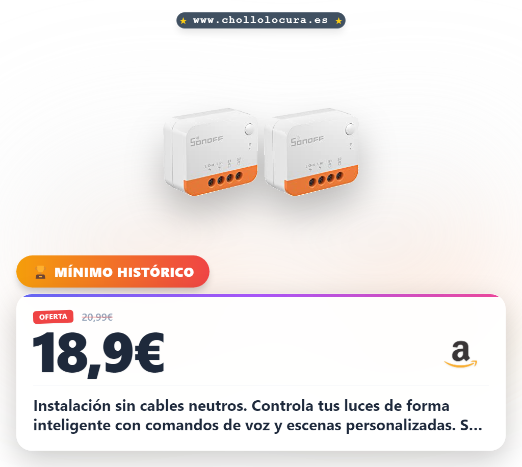 Encuentra el interruptor inteligente Zigbee 2 vías SONOFF sin neutro compatible con Alexa y Google Home