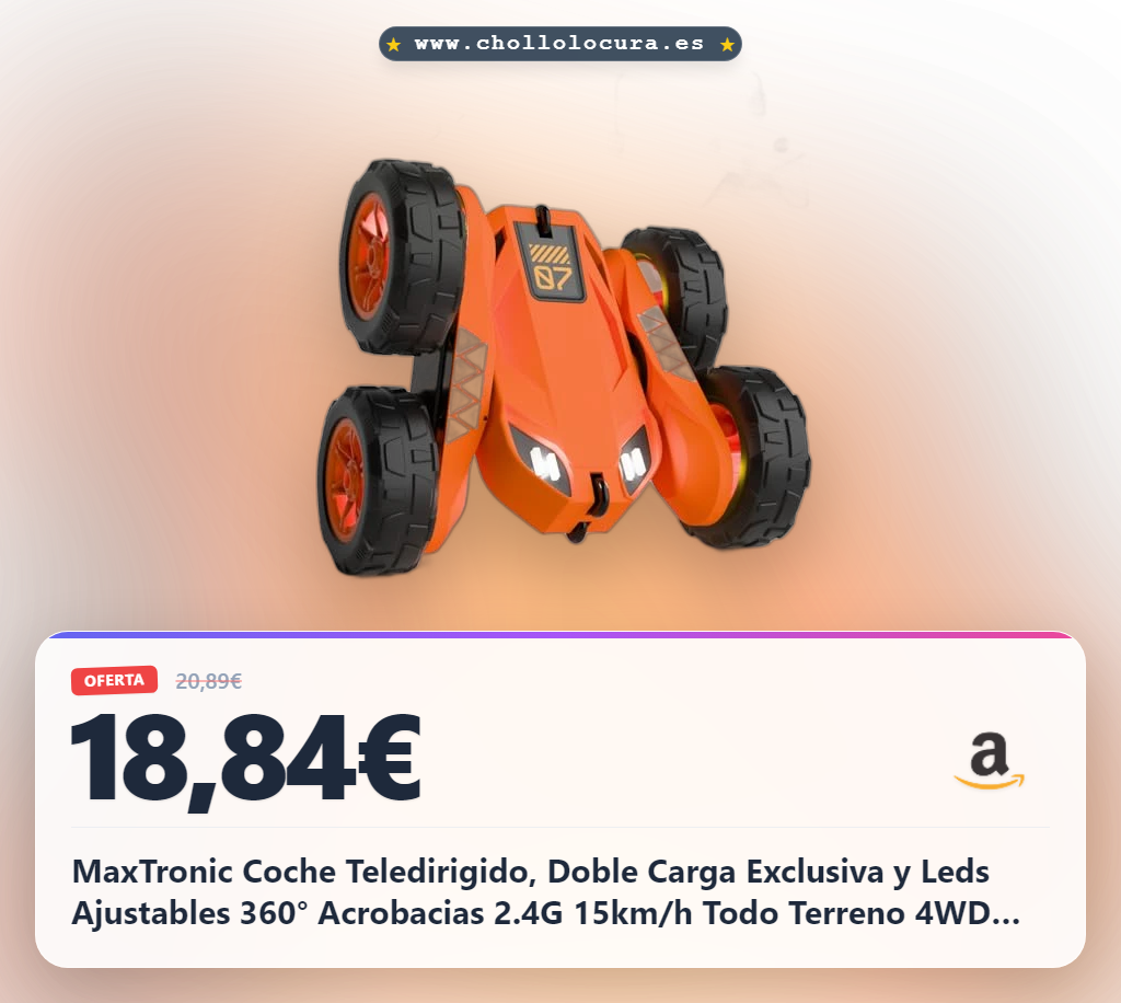 MaxTronic Coche Teledirigido, Doble Carga Exclusiva y Leds Ajustables 360° Acrobacias 2.4G 15km/h Todo Terreno 4WD Todoterreno Regalo Ideal 3-12 Años Niños y Niñas, Juguete Infantil Duradero