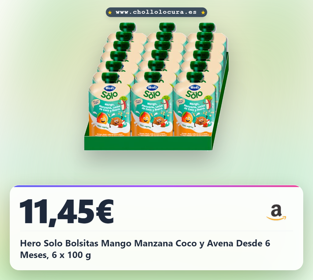 Hero Solo Bolsitas Mango Manzana Coco y Avena Desde 6 Meses, 6 x 100 g