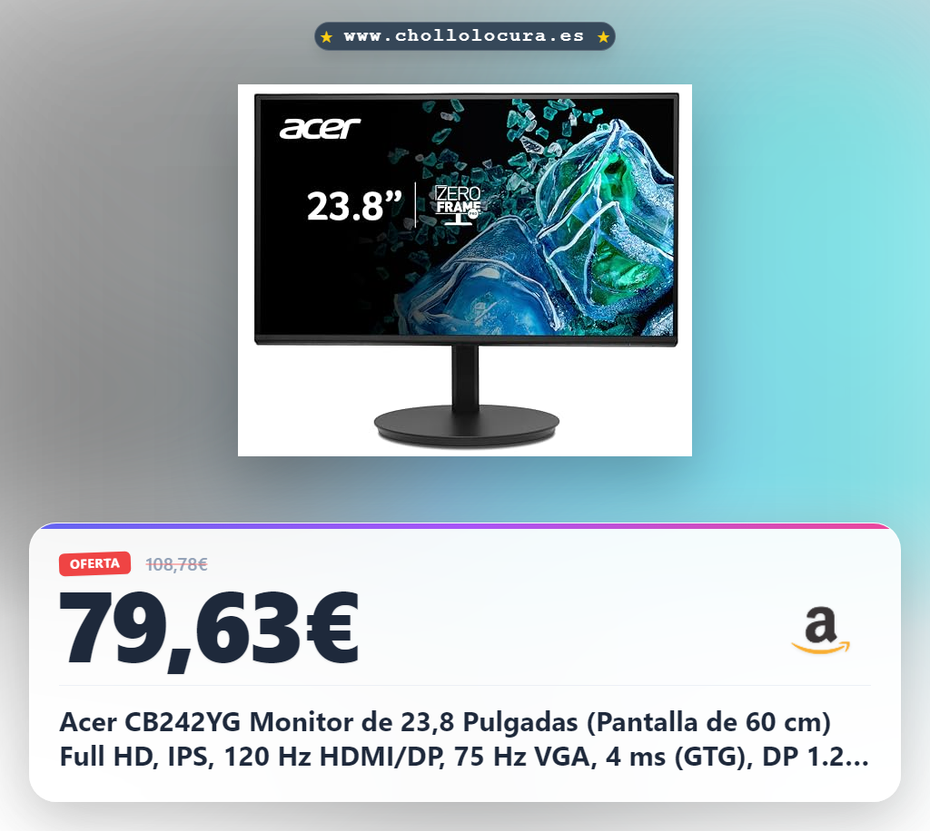Acer CB242YG Monitor de 23,8 Pulgadas (Pantalla de 60 cm) Full HD, IPS, 120 Hz HDMI/DP, 75 Hz VGA, 4 ms (GTG), DP 1.2, HDMI 1.4, VGA, Altura Ajustable, rotativo, adaptativeSync