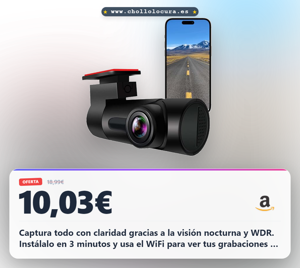 Aprovecha la Dash CAM frontal 1080P mini para coche. Incluye visión nocturna, WiFi y cable de carga. Diseño ultra compacto.