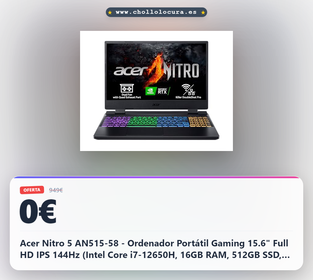 Acer Nitro 5 AN515-58 - Ordenador Portátil Gaming 15.6" Full HD IPS 144Hz (Intel Core i7-12650H, 16GB RAM, 512GB SSD, NVIDIA RTX 4060, Sin Sistema operativo) Color Negro - Teclado QWERTY Español