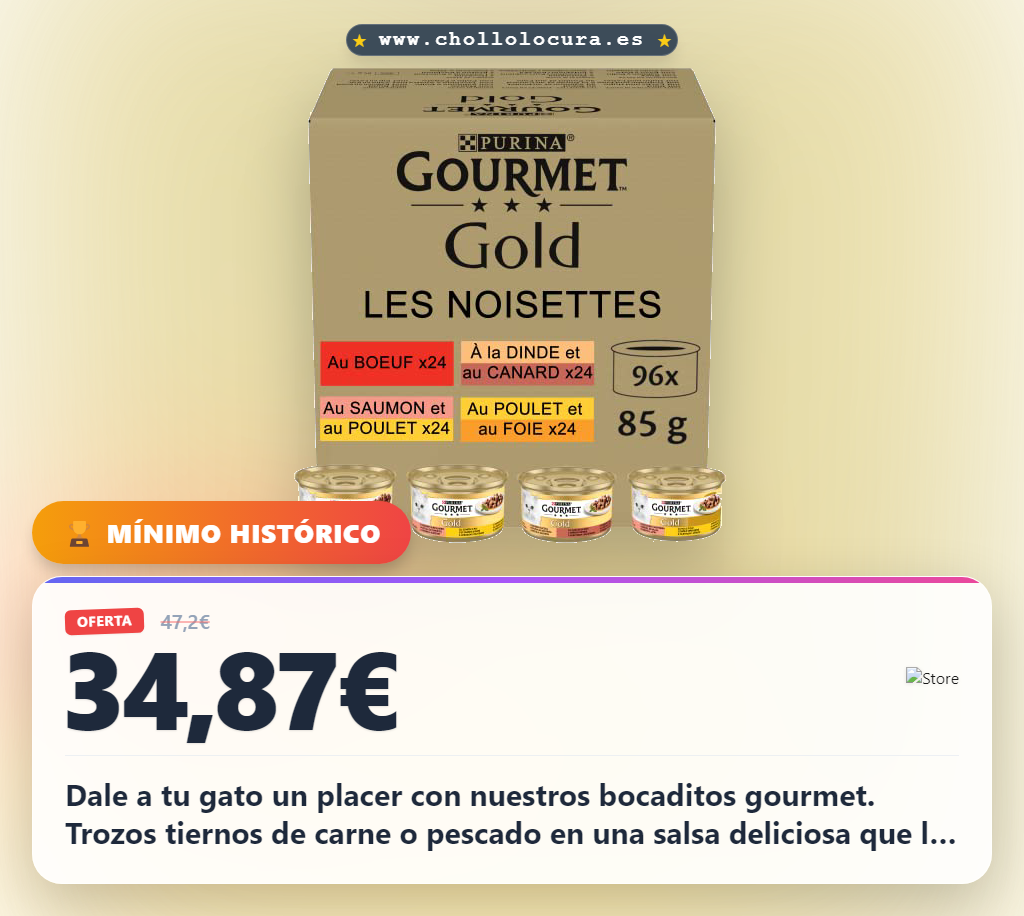 Consigue los bocaditos Gourmet Gold. Comida húmeda 100% completa y tierna para tu gato.