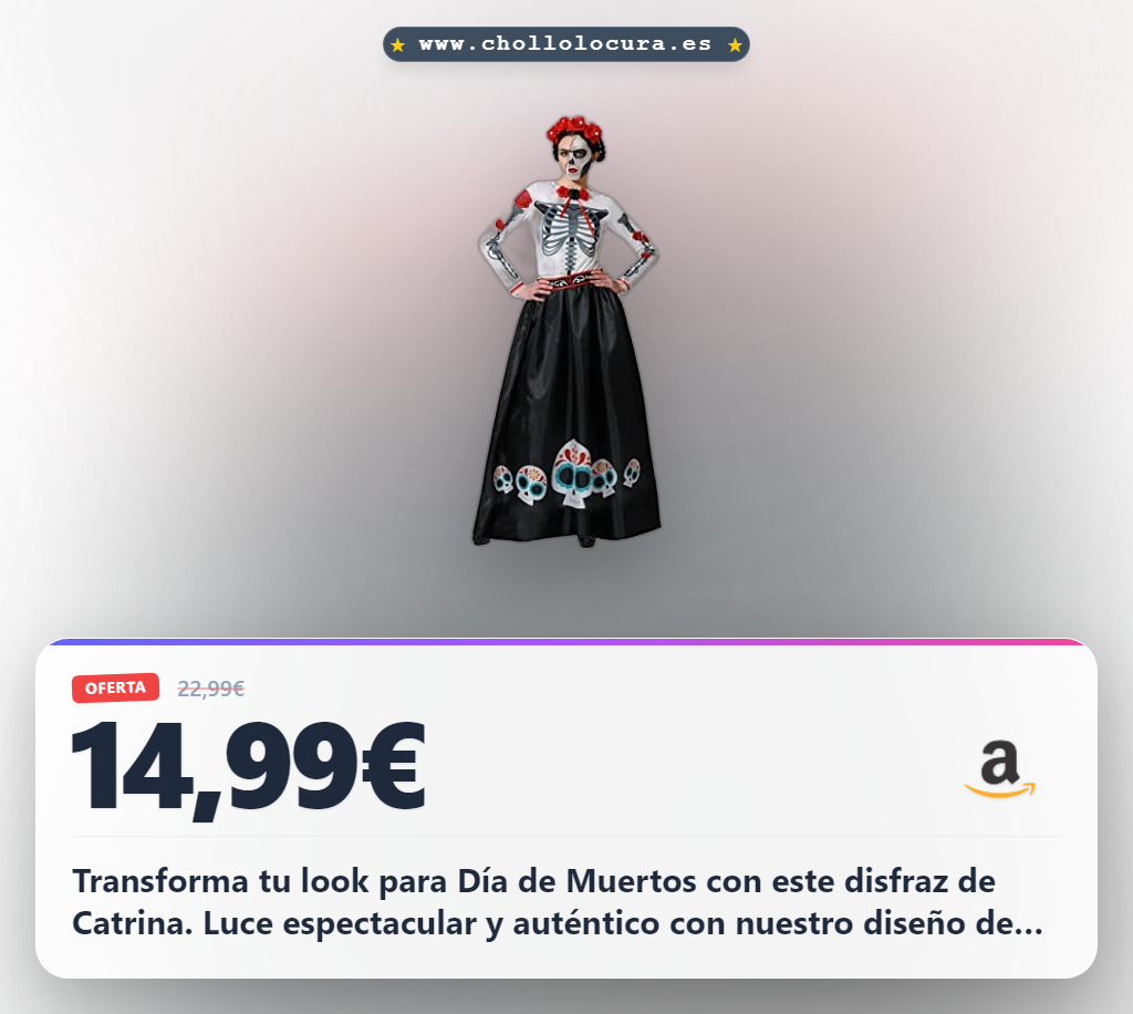 Transforma tu look para Día de Muertos con este disfraz de Catrina. Luce espectacular y auténtico con nuestro diseño de esqueleto mexicano. Consigue tu talla XS al mejor precio y celebra la tradición.